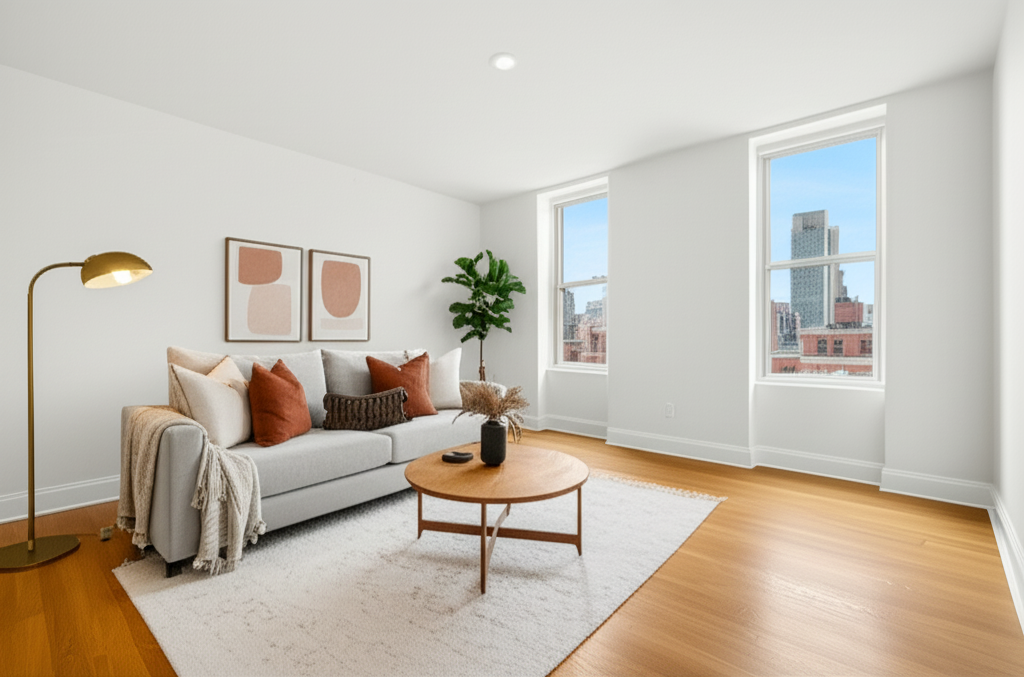 Wohnzimmer nach Home Staging — professionell moebliert mit KI