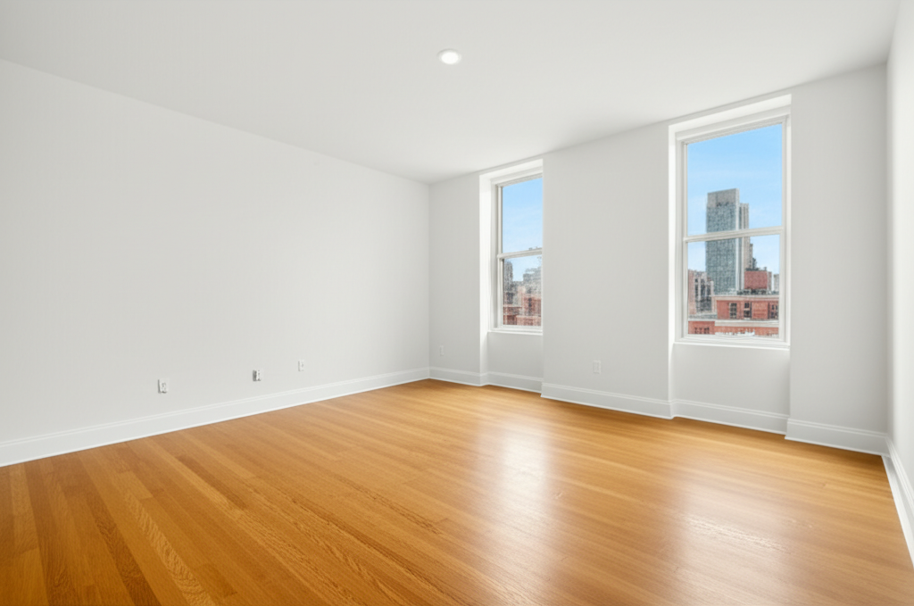 Leeres Wohnzimmer vor Home Staging — unmoeblierter Raum