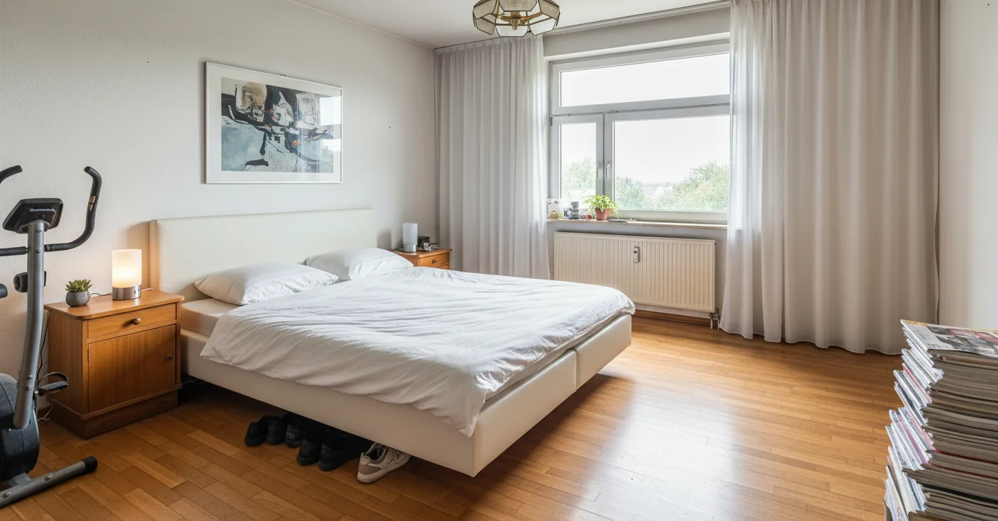 Schlafzimmer nach digitaler Entrümpelung — aufgeräumt und neutral eingerichtet