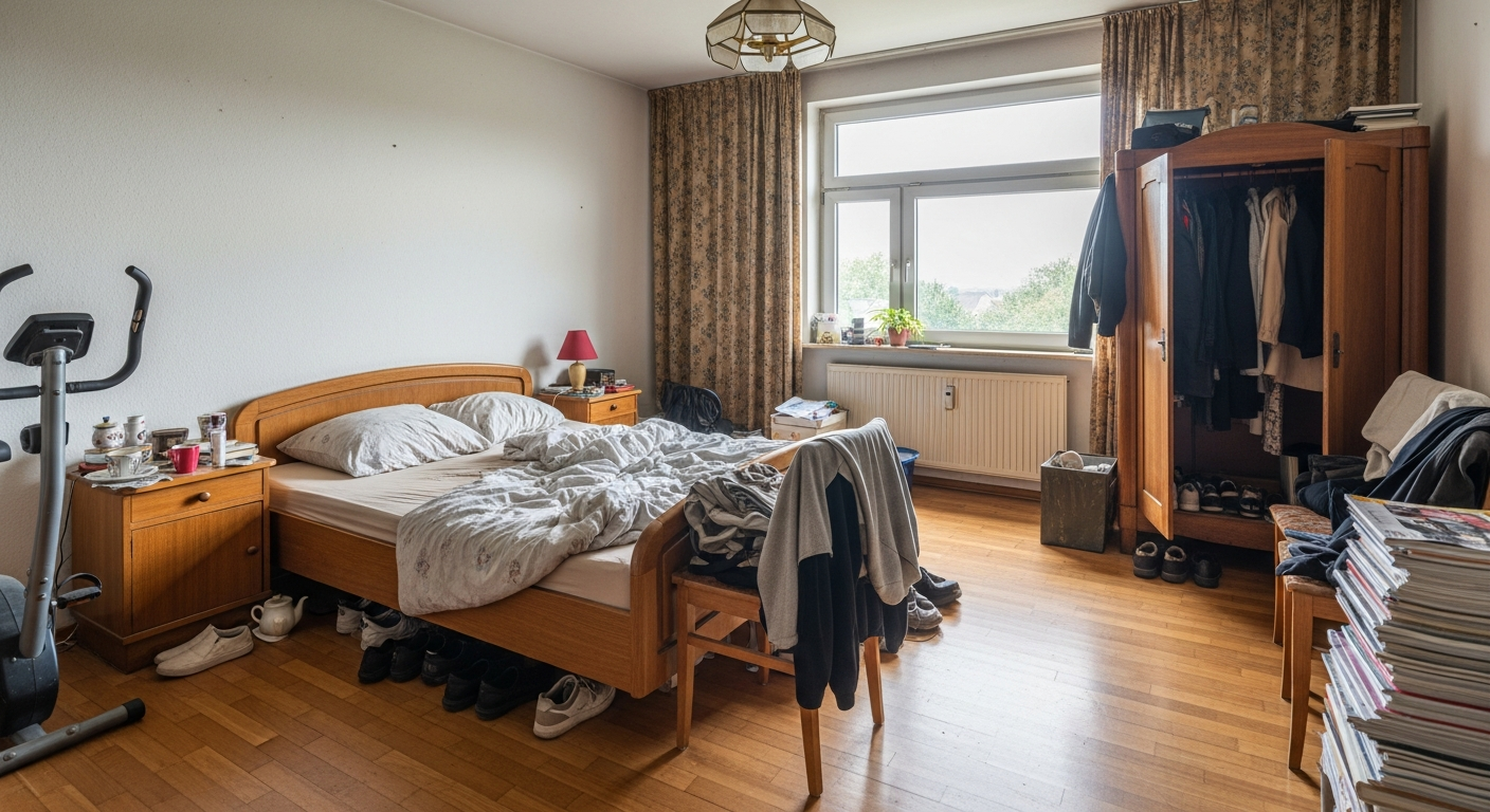 Schlafzimmer vor der digitalen Entrümpelung — vollgestellt mit alten Möbeln