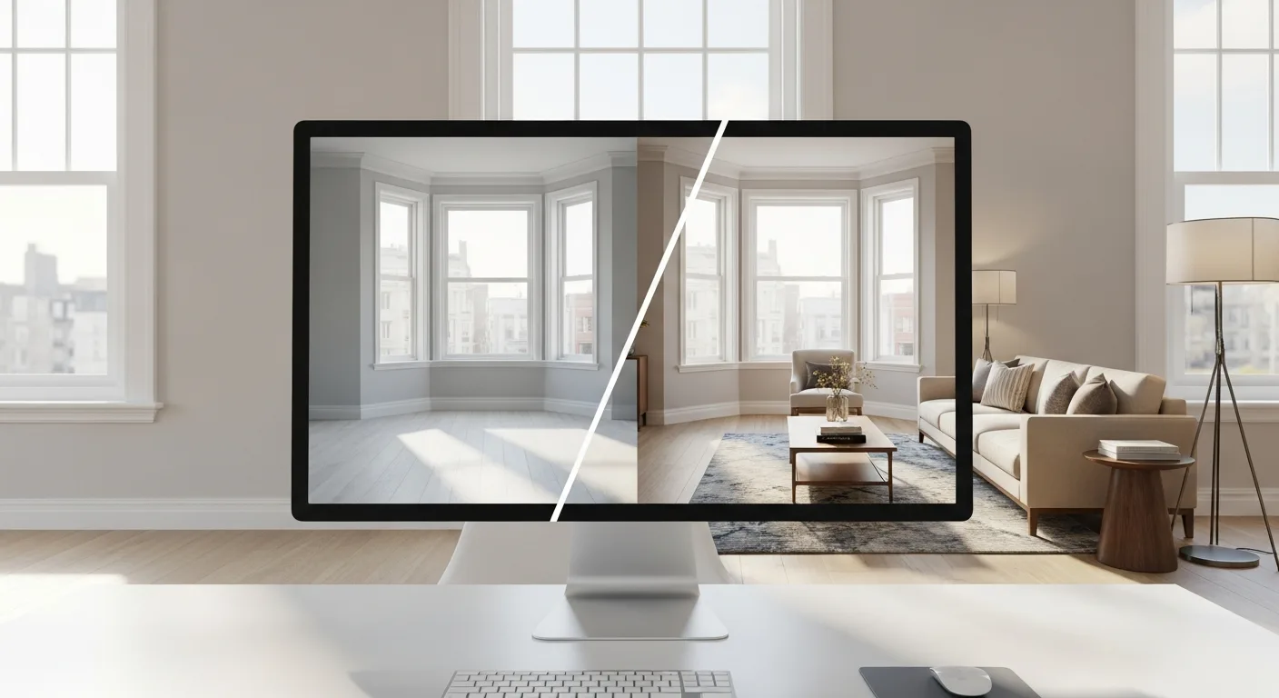 Modern eingerichtetes Wohnzimmer nach Virtual Staging — Beispiel für Immobilienmakler