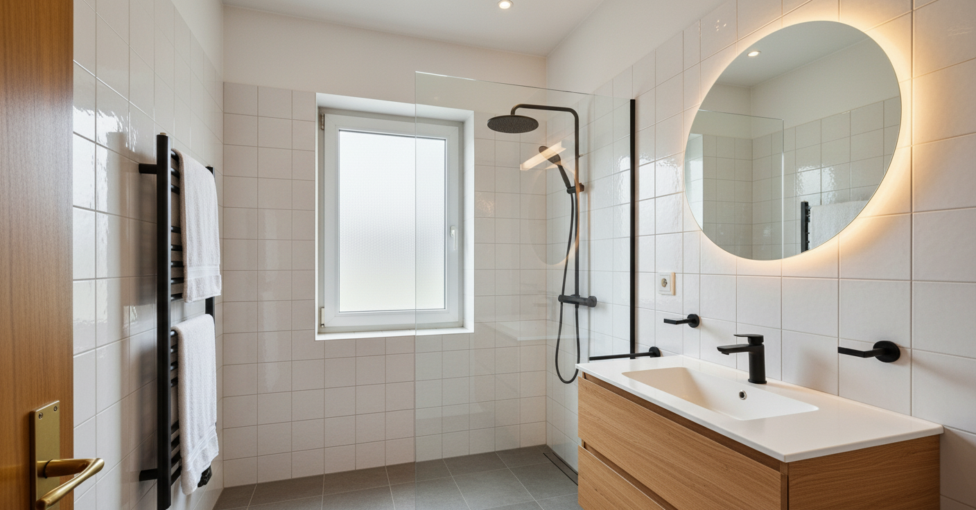 Modernes Badezimmer nach digitaler Renovierung — zeitgemäße Fliesen und Sanitär