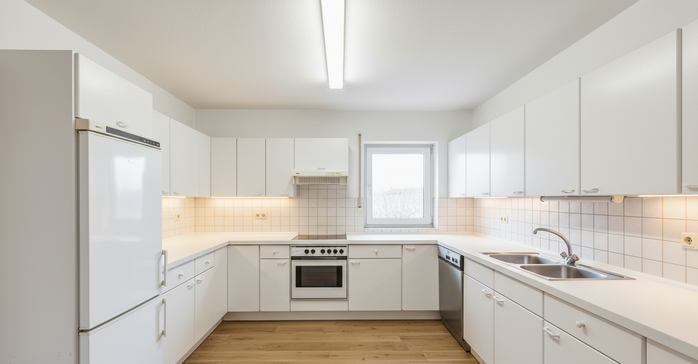 Moderne Küche nach digitaler Renovierung — neue Fronten, Steinarbeitsplatte, zeitgemäße Geräte