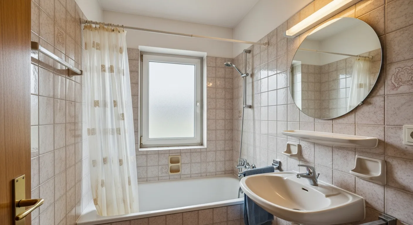 Echtes Badezimmer vor KI-Entrümpelung — unaufgeräumt und verschmutzt