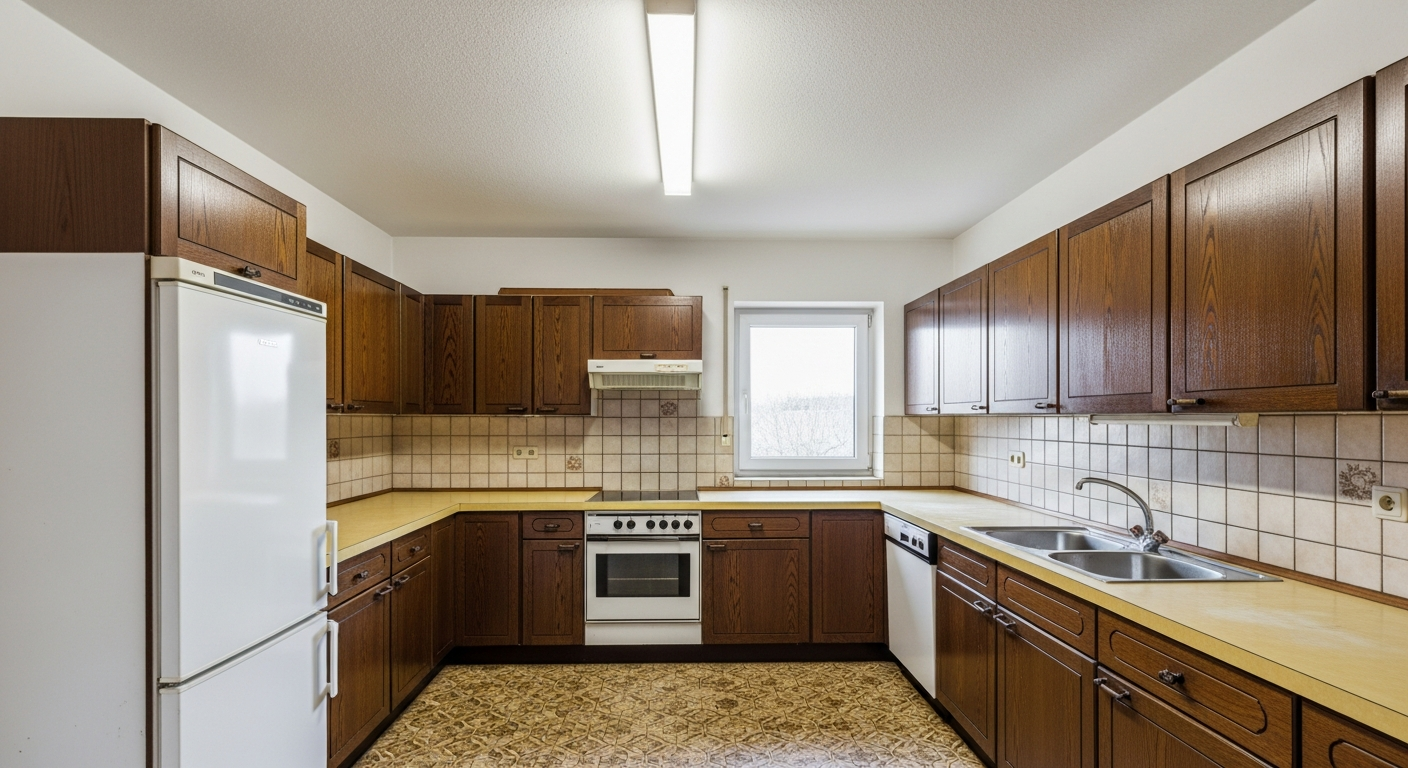 Alte Küche vor der digitalen Renovierung — veraltete Fronten und Arbeitsplatte