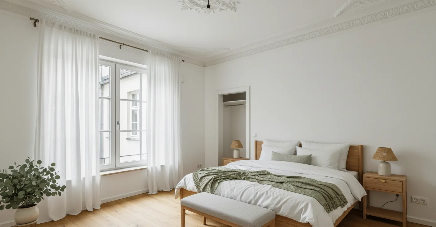 Gestaged Schlafzimmer mit skandinavischer Einrichtung