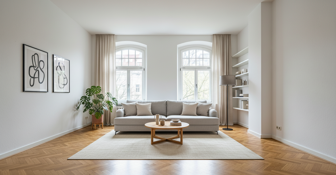 Eingerichtetes Wohnzimmer nach dem Virtual Staging mit OptiEstate
