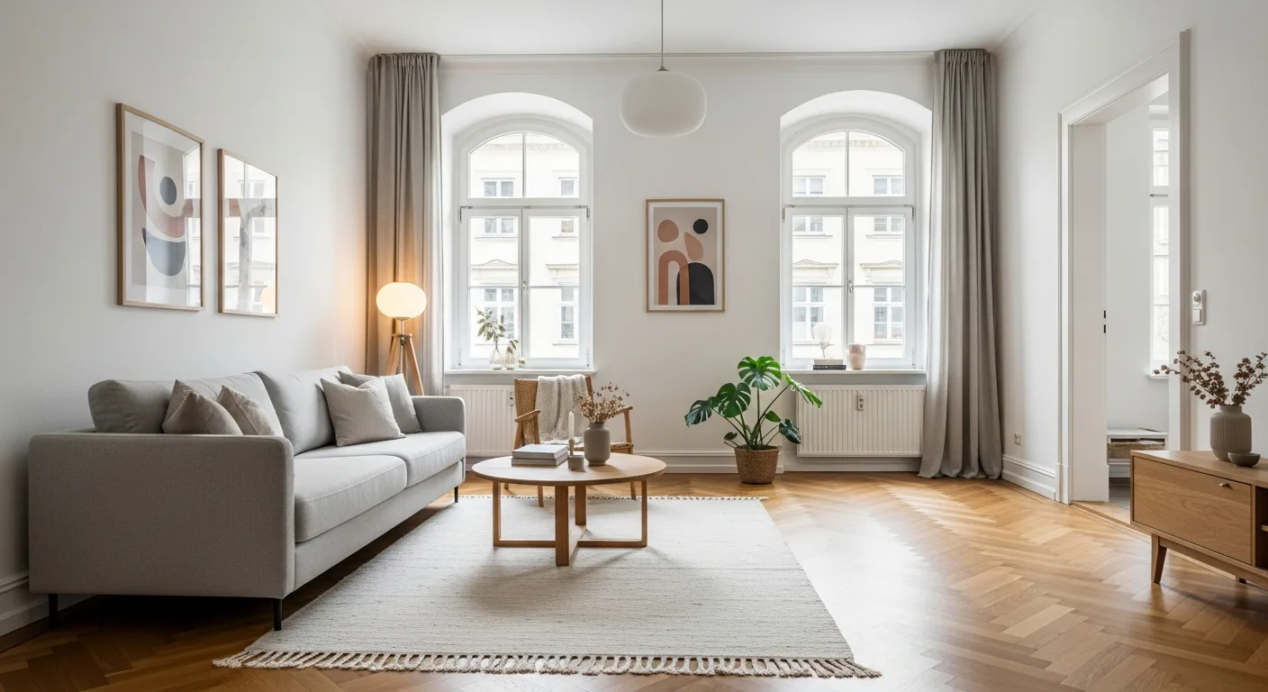 Eingerichtetes Wohnzimmer nach Virtual Staging für schnelleren Immobilienverkauf