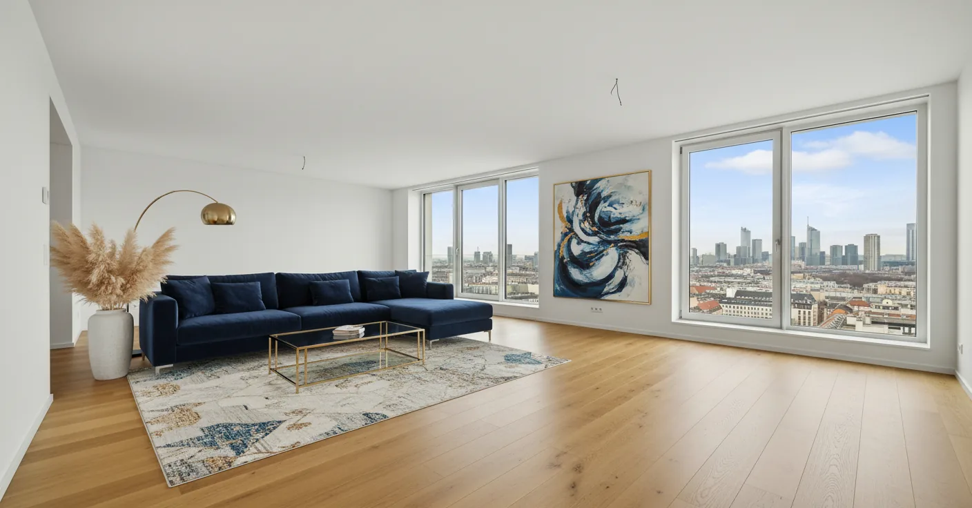 KI-Virtual-Staging Wohnzimmer im Luxusstil
