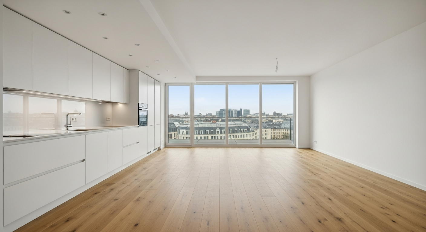 Leere Neubauküche in München vor Virtual Staging