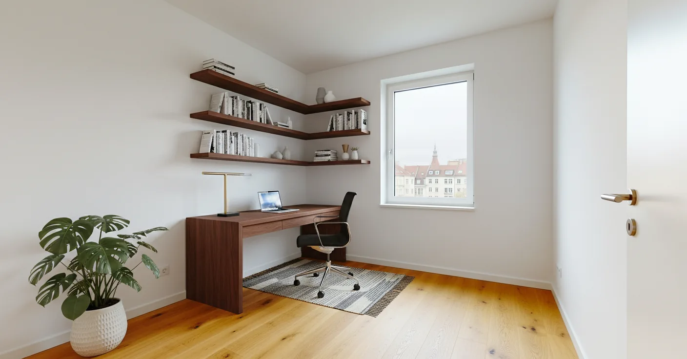 Eingerichtetes Arbeitszimmer nach KI-Staging